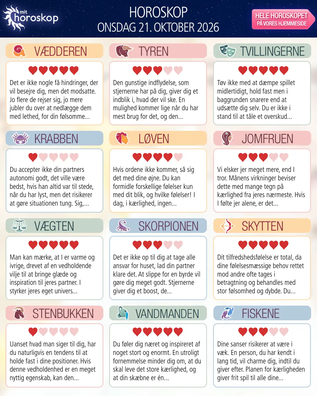 Horoskop for onsdag 21. oktober 2026