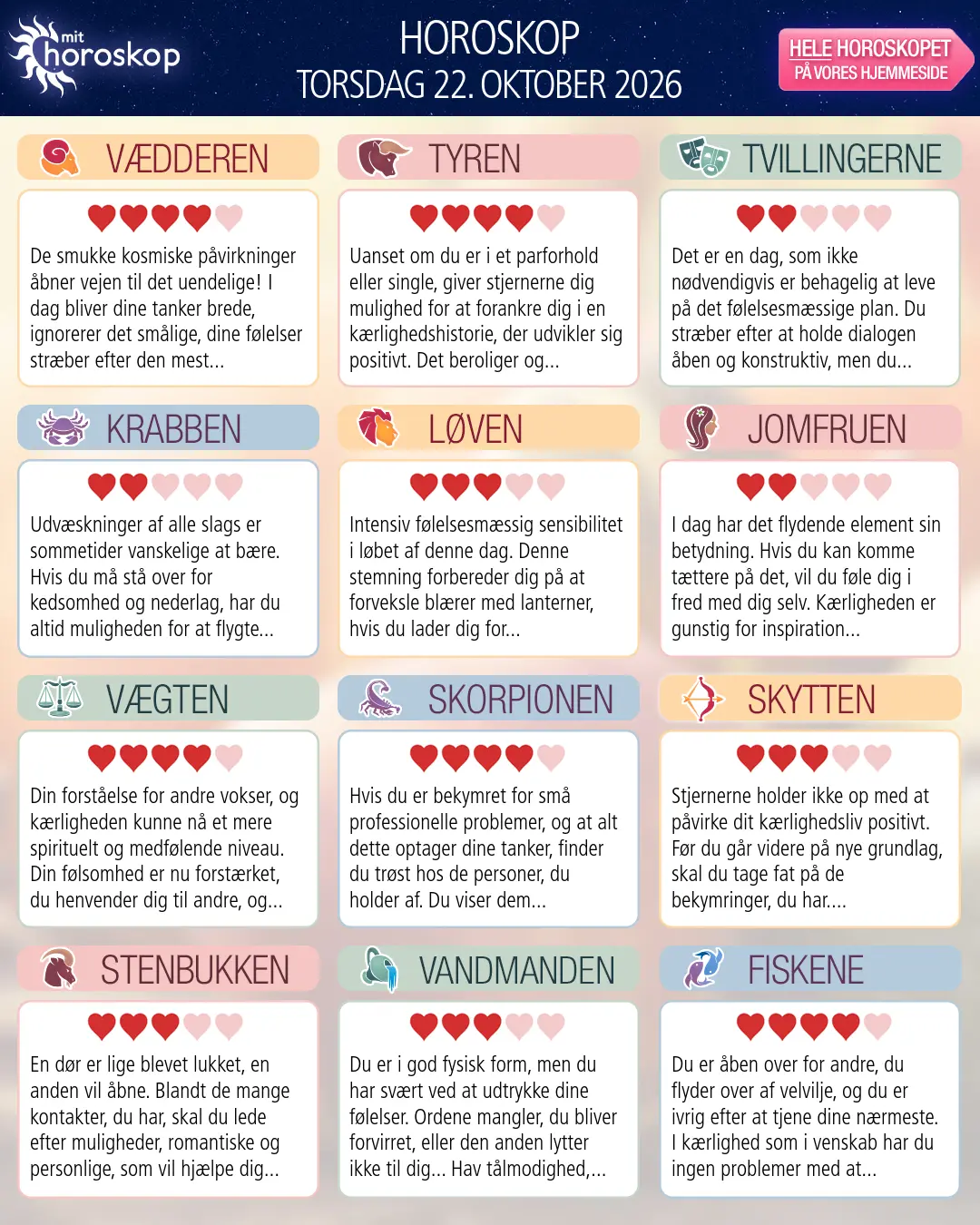 Horoskop for torsdag 22. oktober 2026