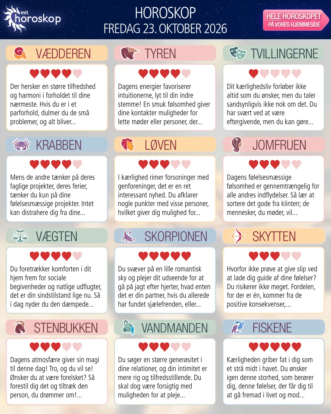 Horoskop for fredag 23. oktober 2026