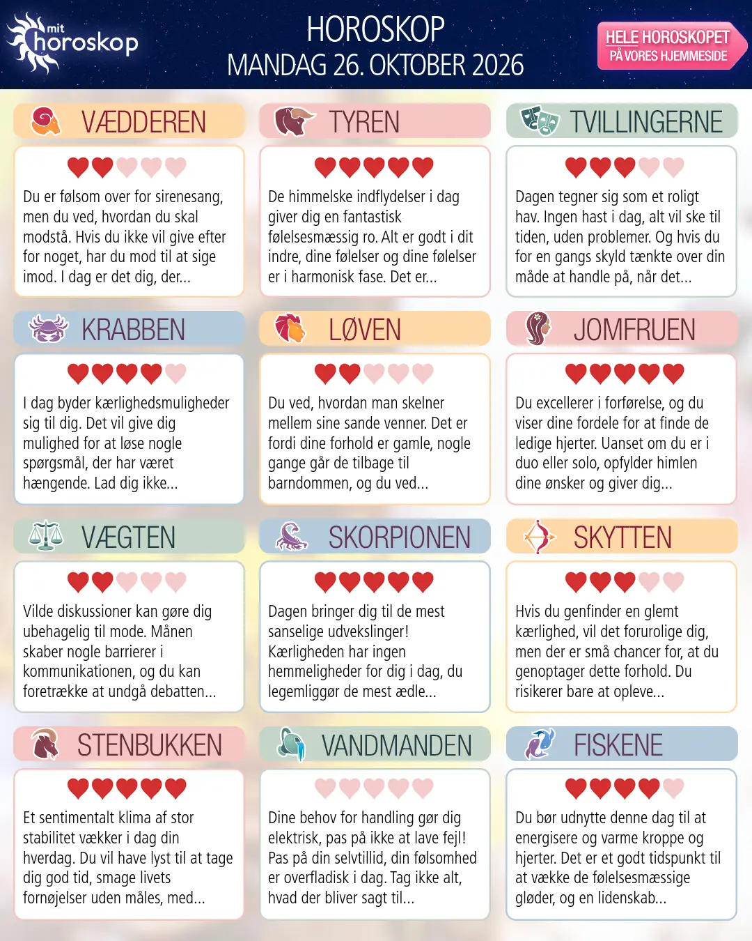 Horoskop for mandag 26. oktober 2026