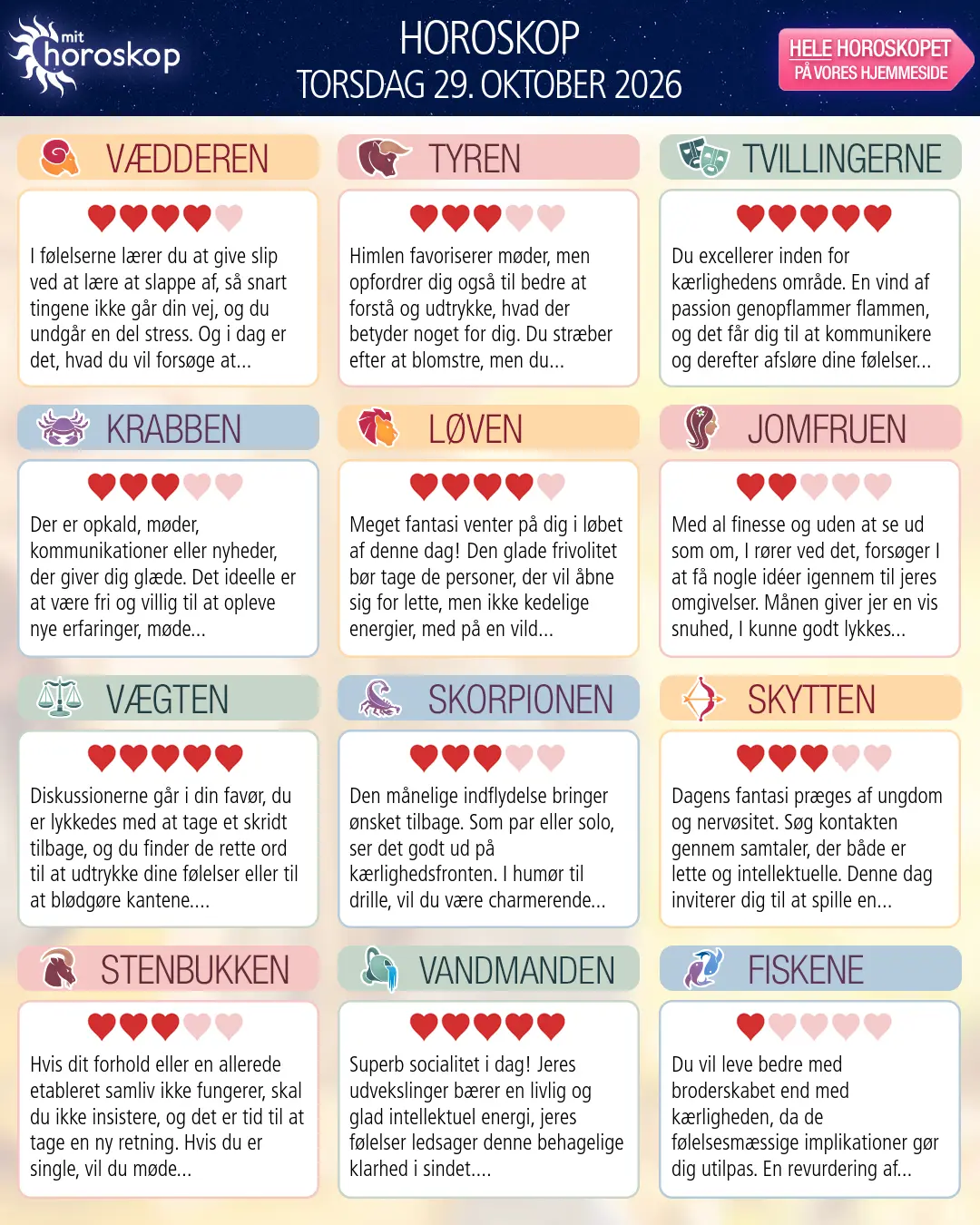Horoskop for torsdag 29. oktober 2026
