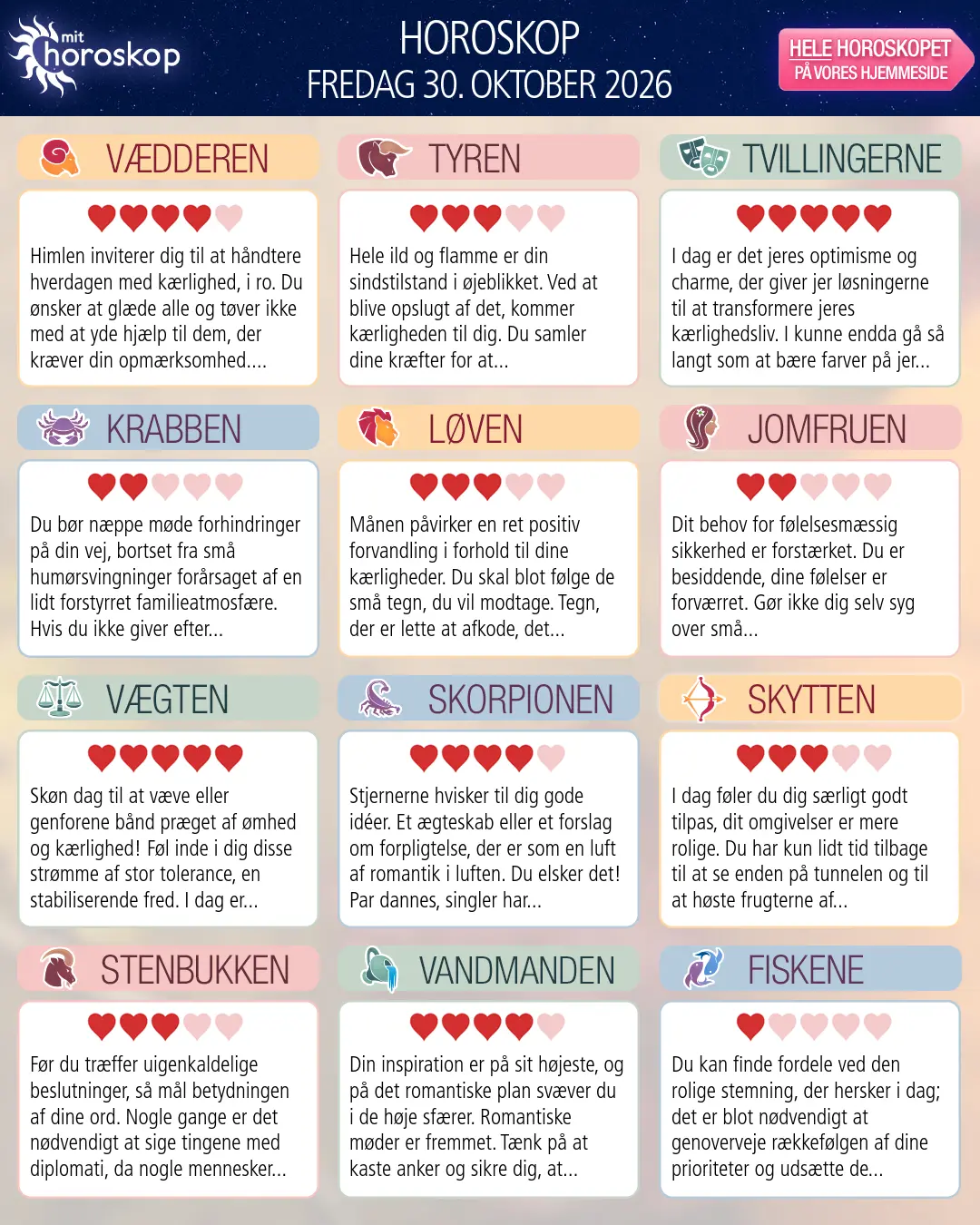 Horoskop for fredag 30. oktober 2026