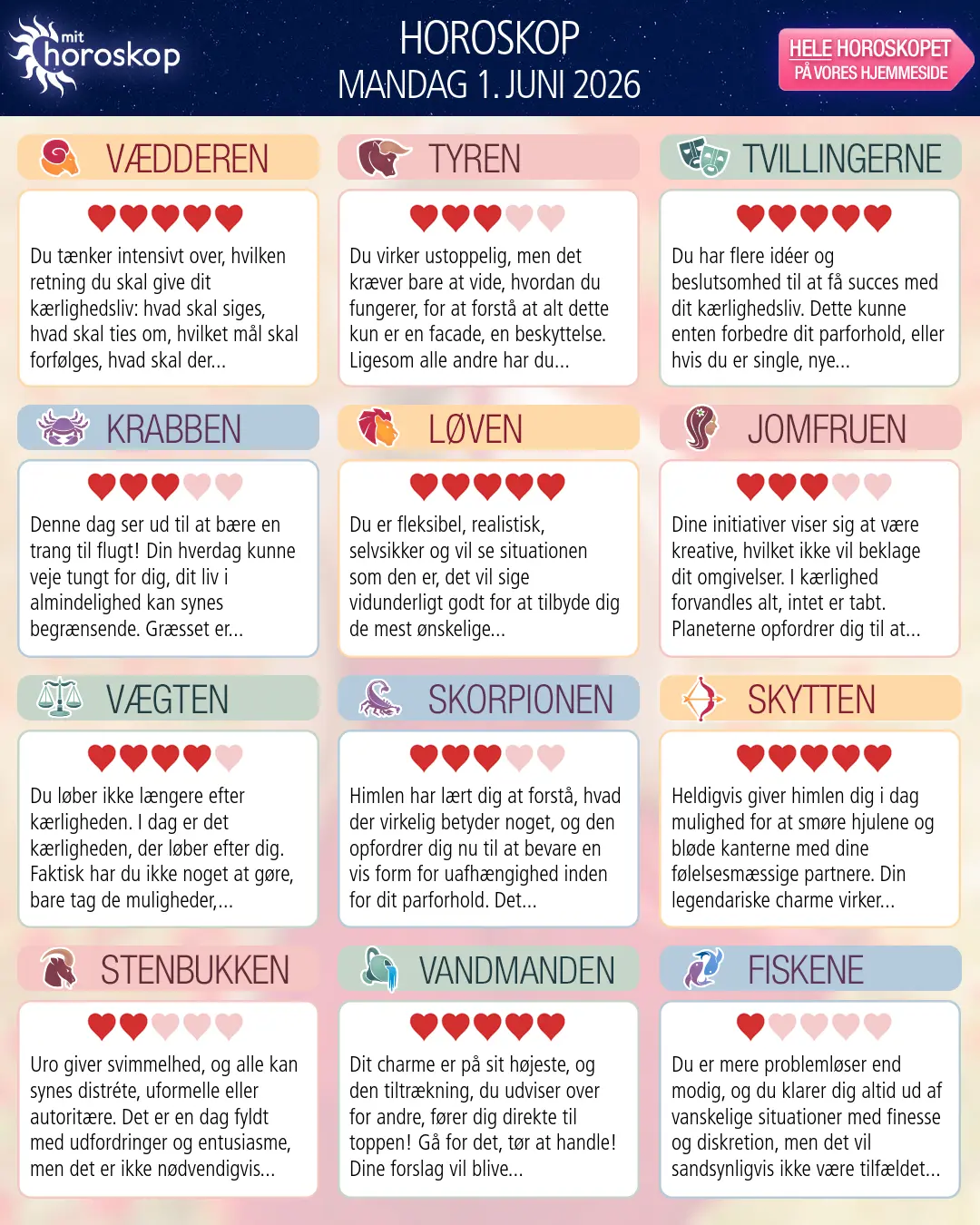 Horoskop for Vædderen i dag — 1. Juni 2026
