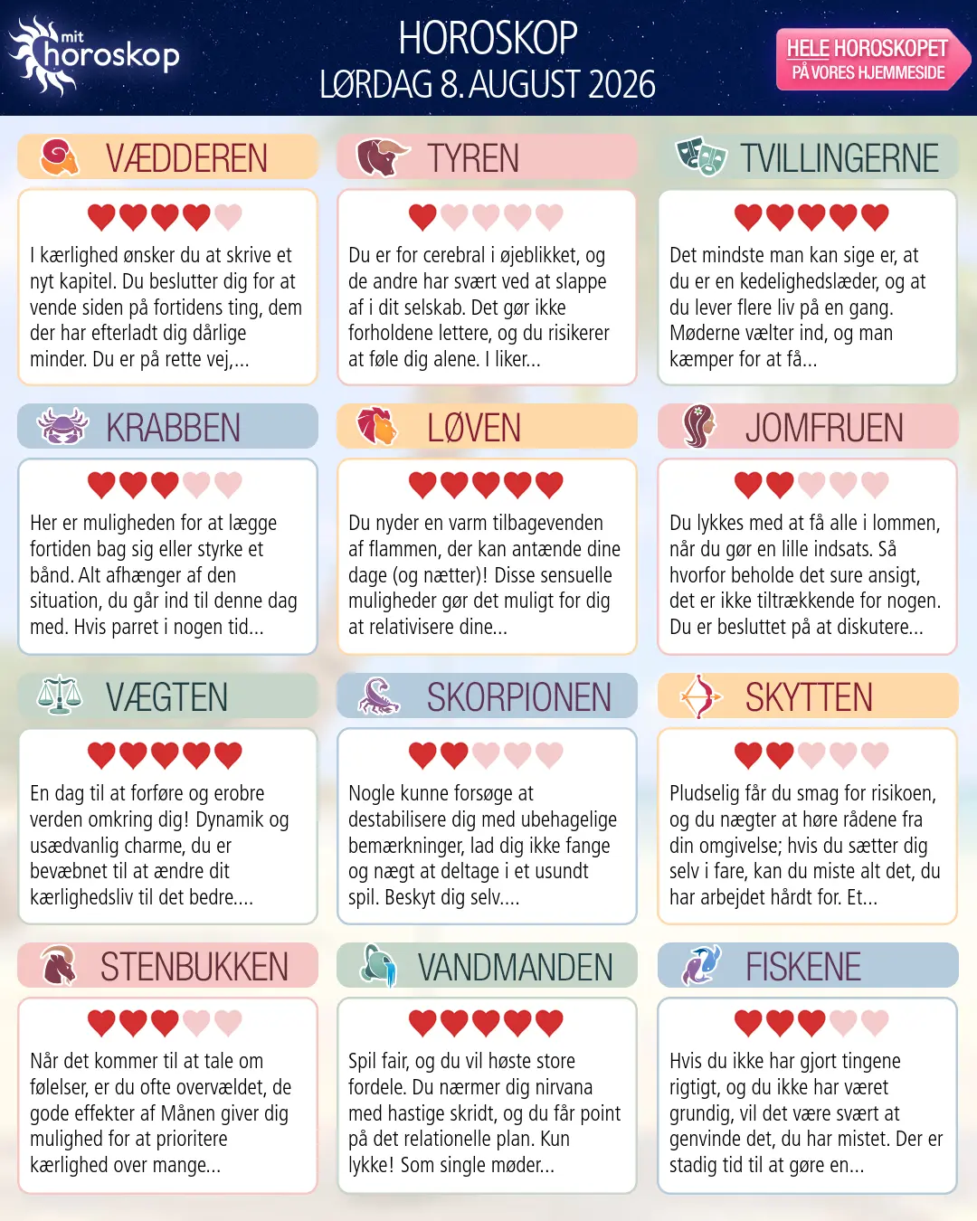 Horoskop for Krebsen i dag — 8. August 2026