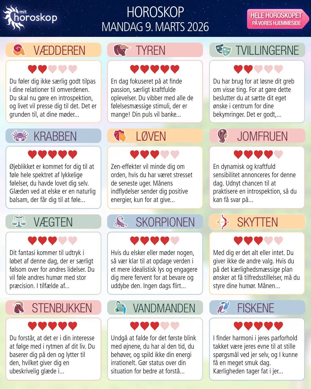 Horoskop for Krebsen i dag — 9. Marts 2026