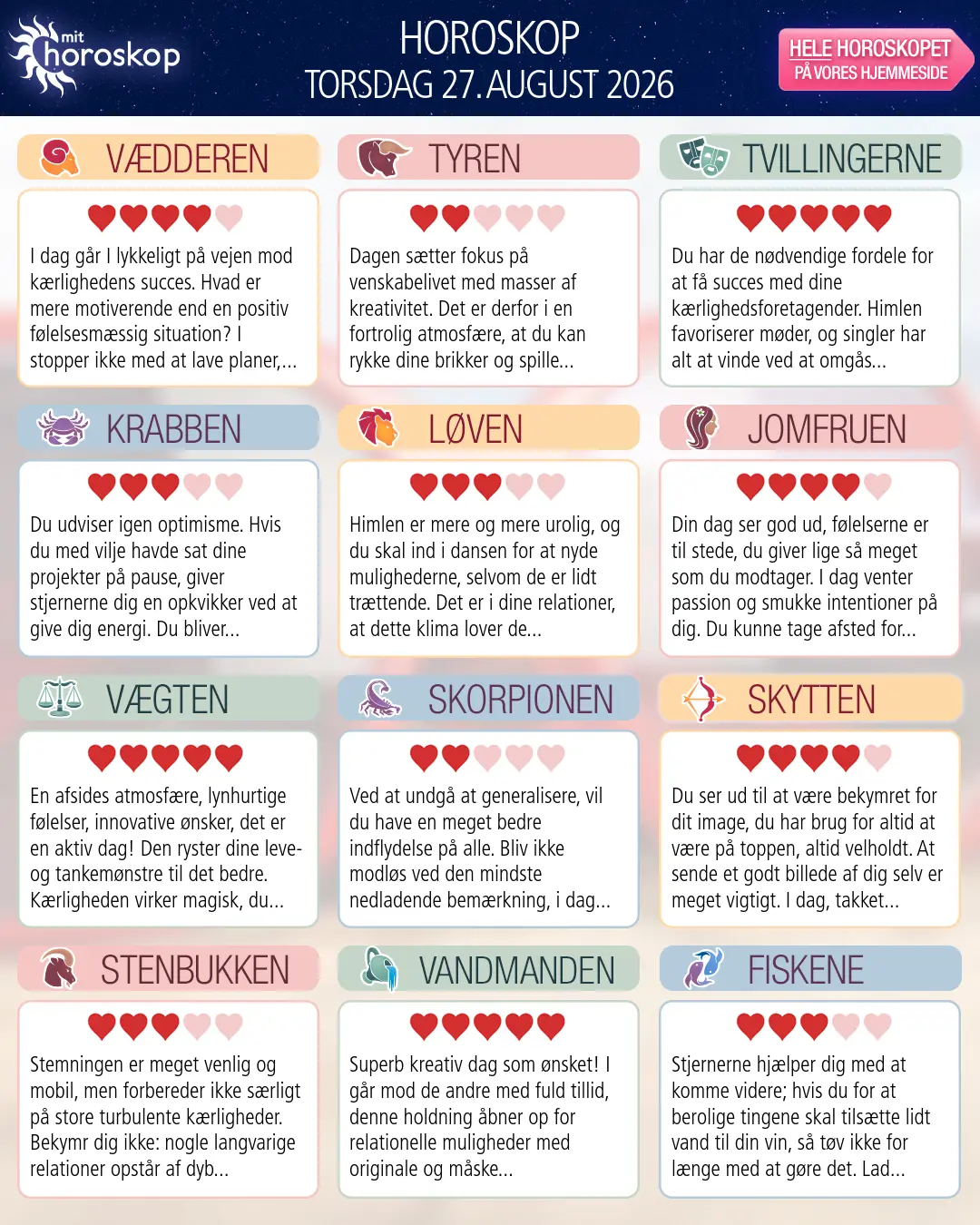 Tvillingerne: dit horoskop for 29. August 2026